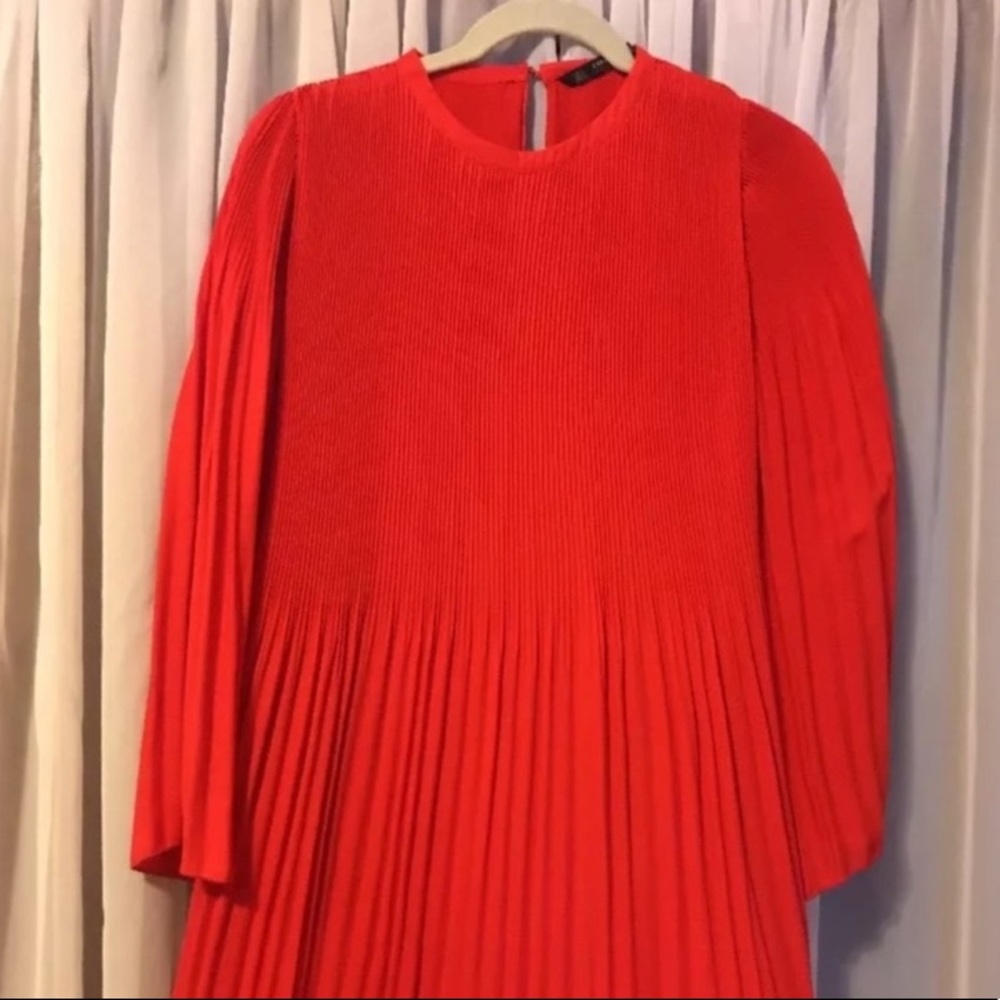 Zara Red Pleated Long-Sleeve Mini Dress - Picture 3 of 8